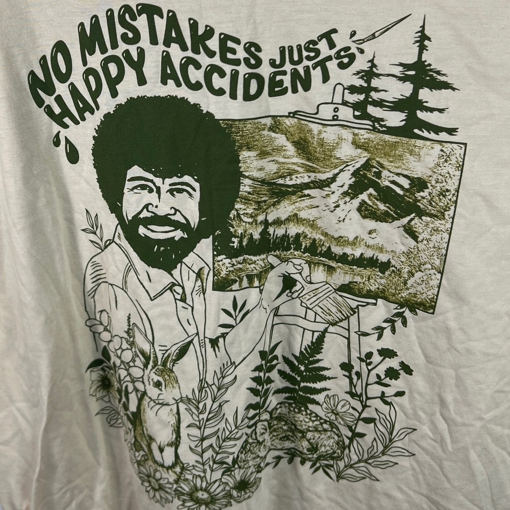 Bob Ross No Mistakes Just Happy Accidents Graphic T-Shirt Tan Medium RN 67585